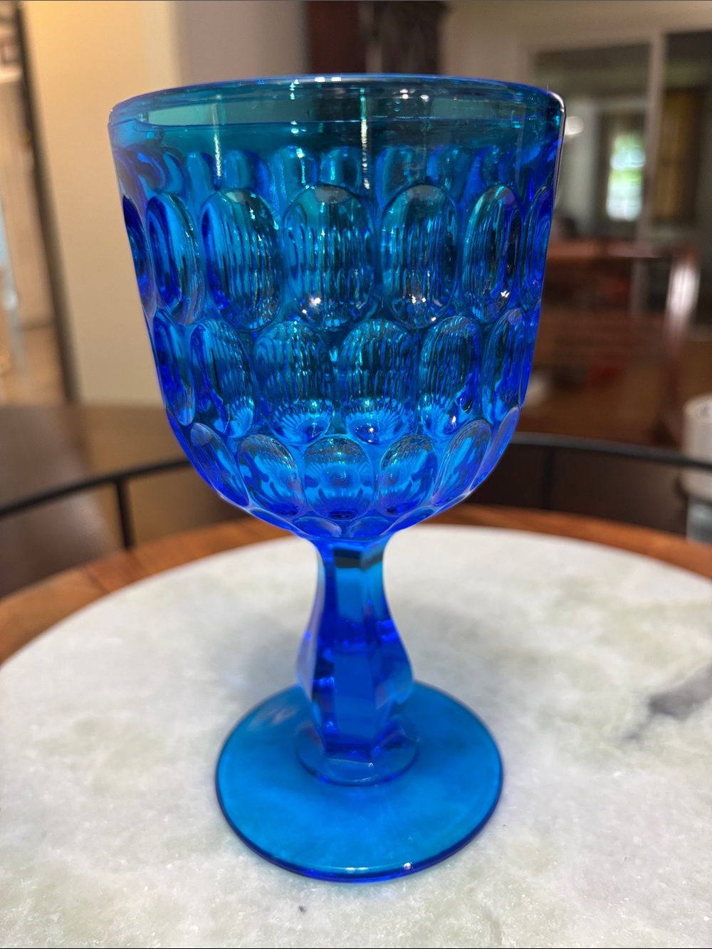 Blue Fenton glass thumbprint water goblet